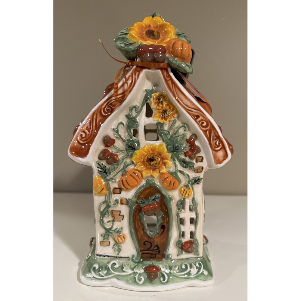 Blue Sky Heather Goldminc Harvest House Ceramic Luminary Candle Holder 10" NEW